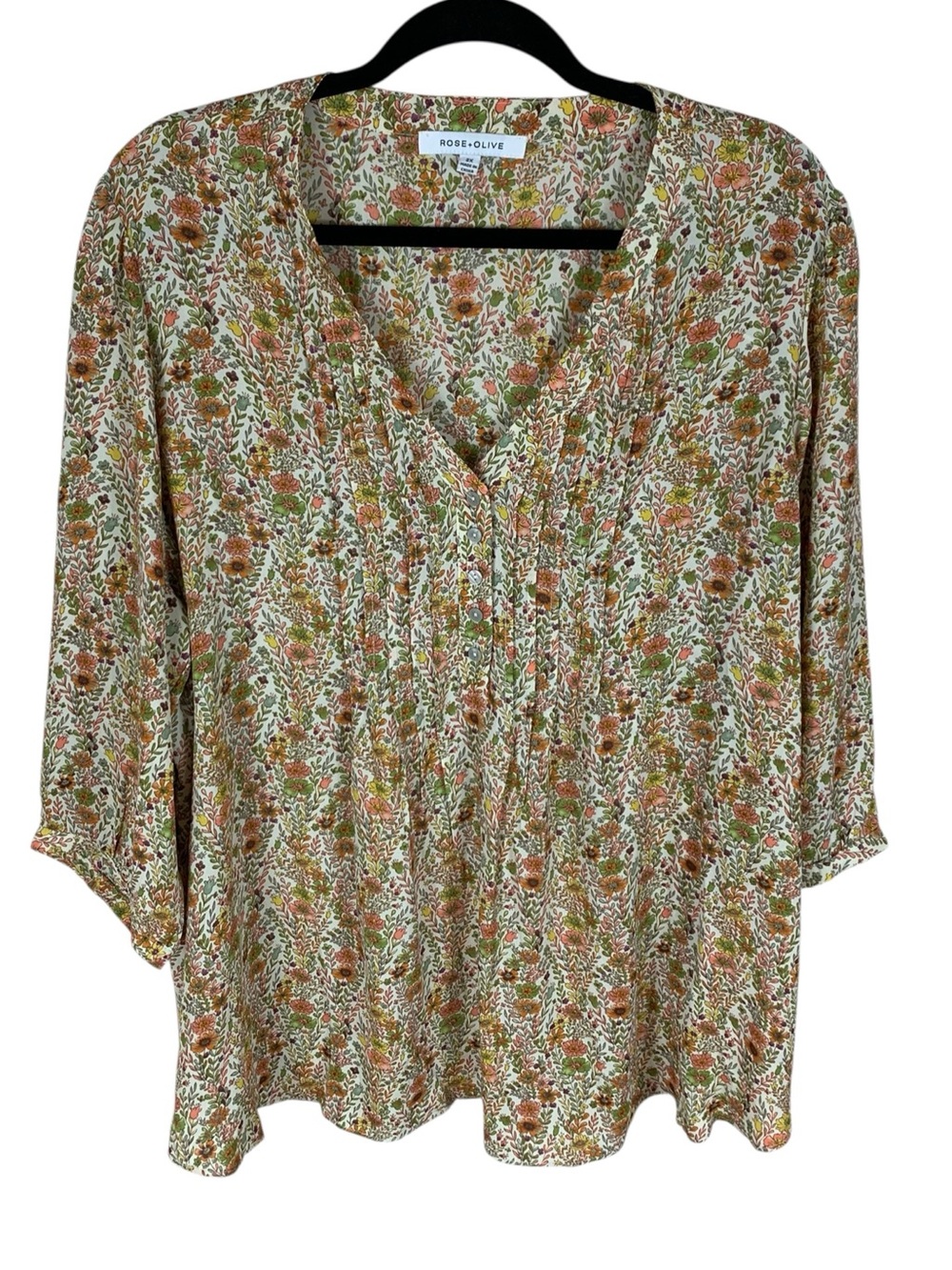 Women's Rose & Olive Green Orange Floral 3/4 Sleeve V-Neck Pleated Top Size 2X